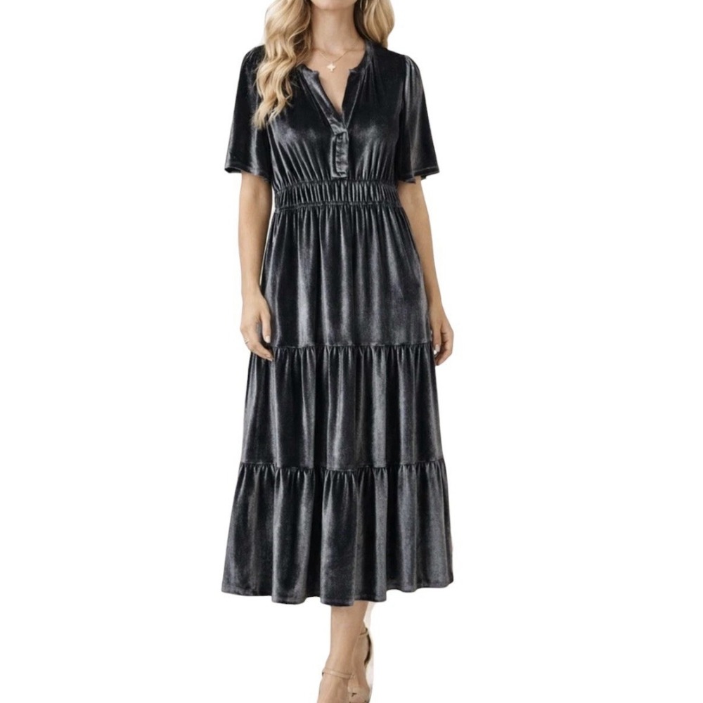 Spartina 449 Velvet Maxi Dress Medium Gray Tiered Short Sleeve V Neck Boho